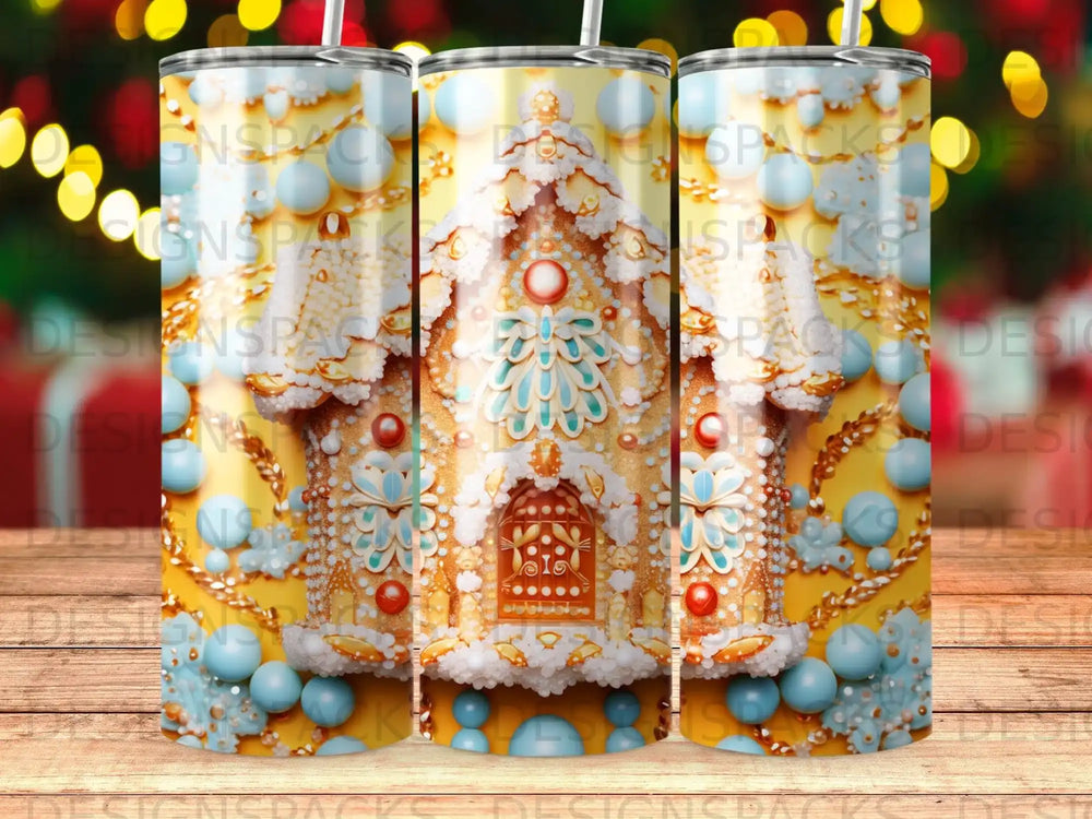 Gingerbread house decorated with blue and white icing on a yellow background.