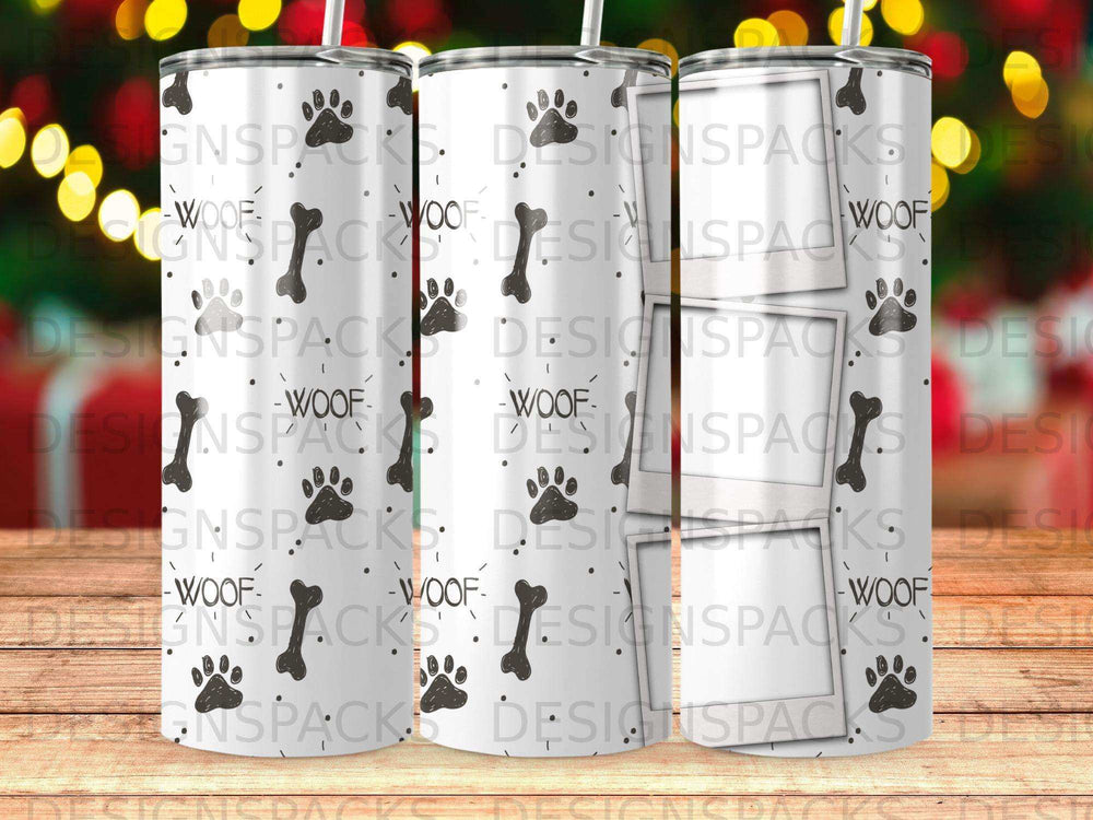 Tumbler with repeating black paw prints and "WOOF" text on a gradient.