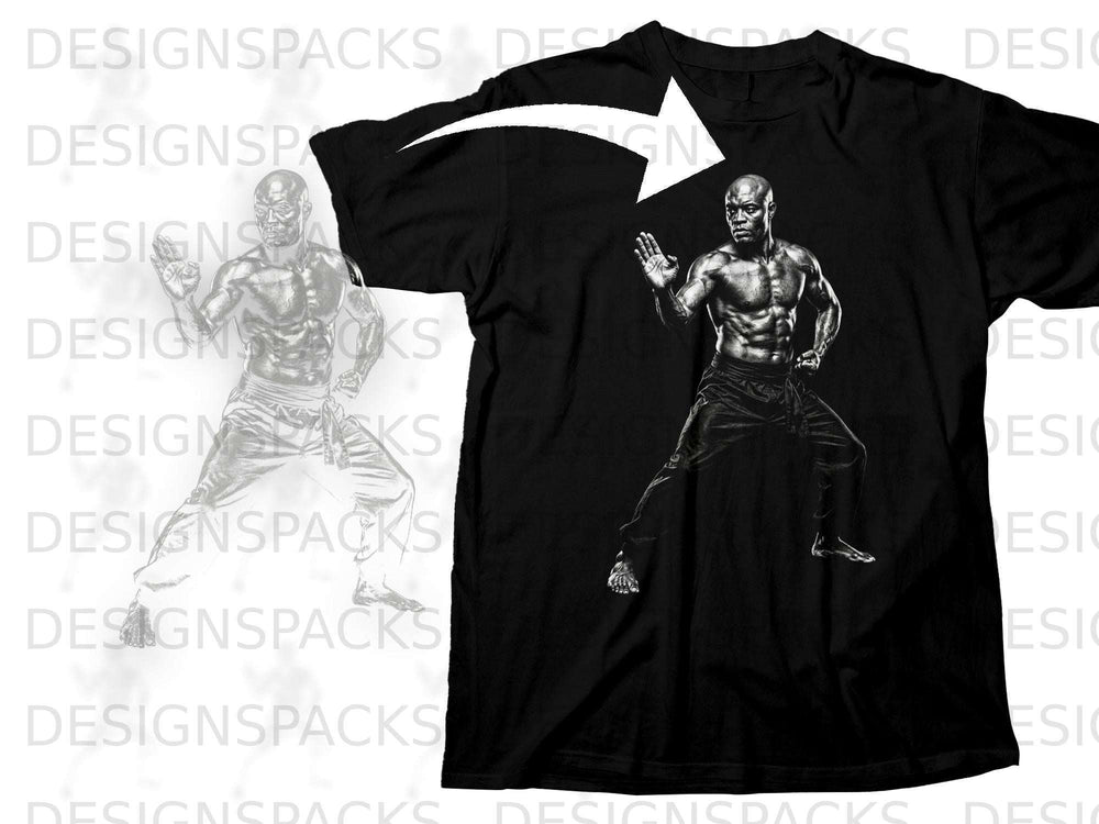 Black t-shirt with martial artist graphic in a fighting stance.