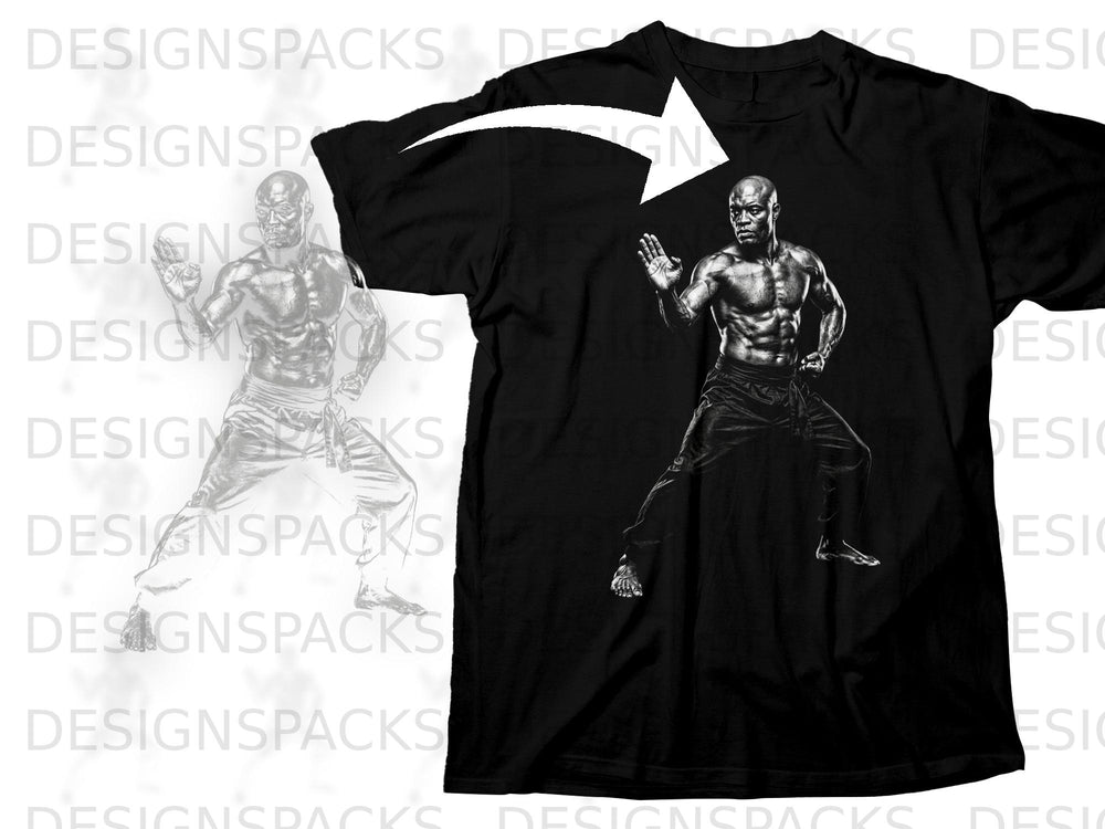 Black t-shirt with martial artist graphic in a fighting stance.