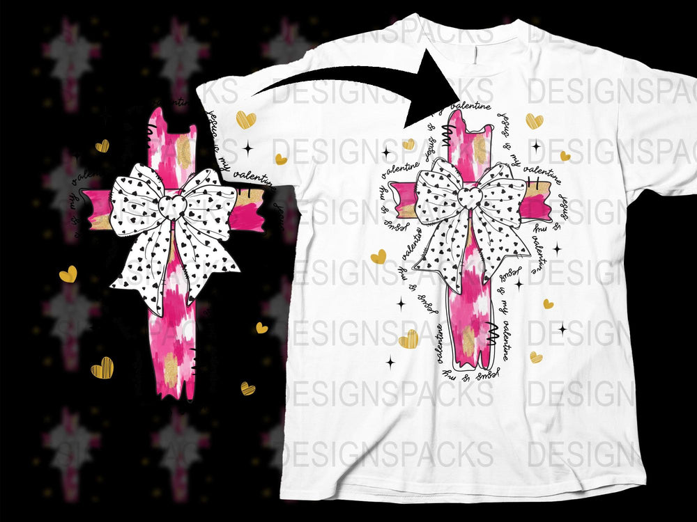 Women's Graphic T-Shirt with Pink Cross, Gold Hearts | Casual Christian Apparel