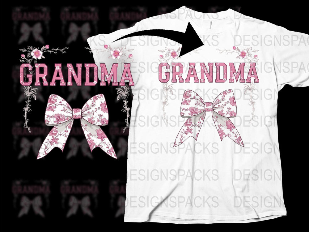 Grandma T-Shirt Floral Bow Design, Pink and White, Family Love Gift Idea