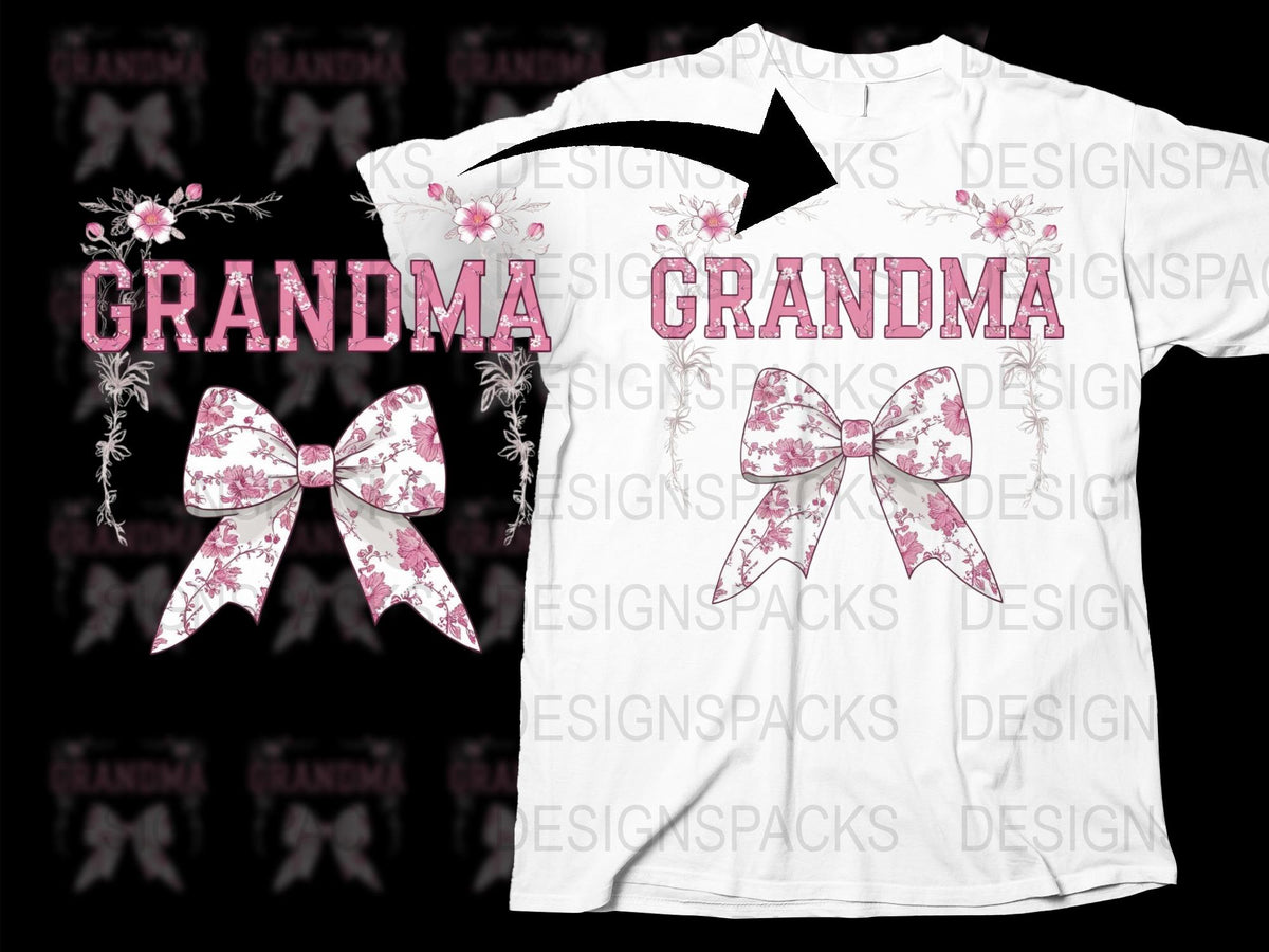 Grandma T-Shirt Floral Bow Design, Pink and White, Family Love Gift Idea
