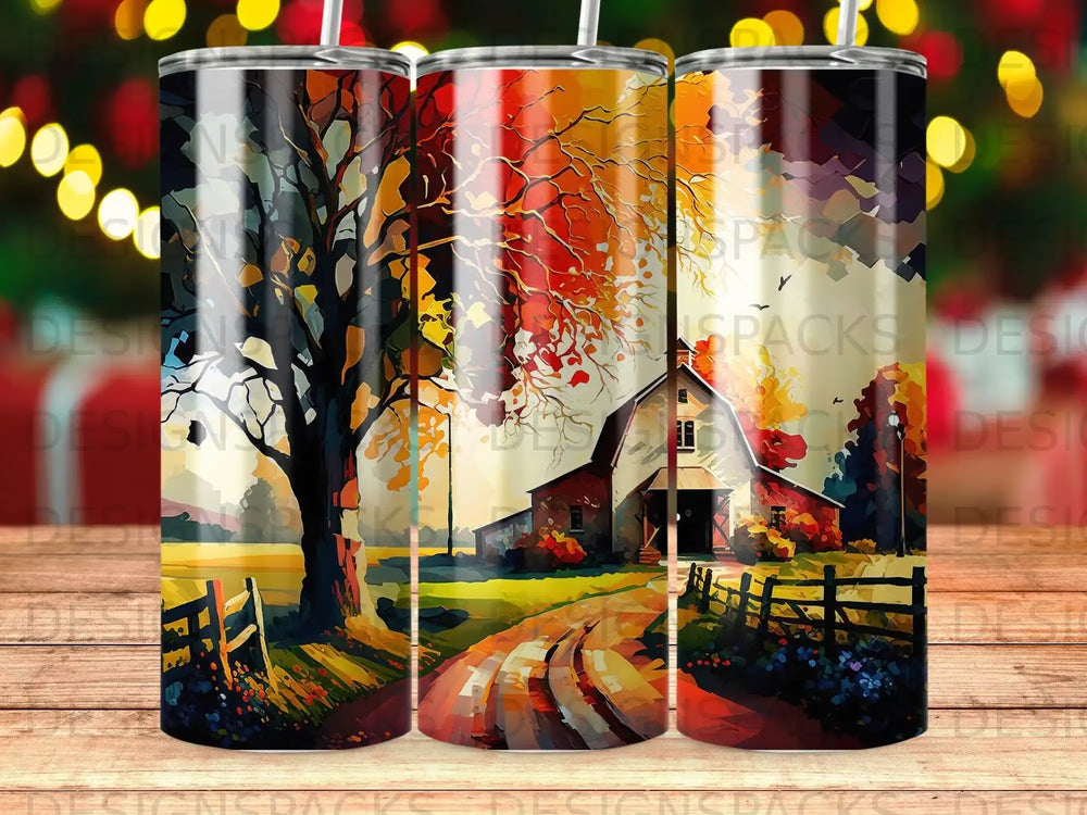 Barn and tree with autumn colors on a rural road.