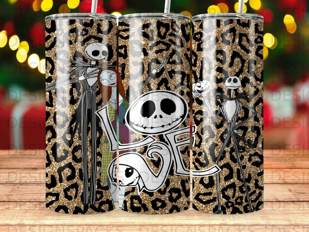 Tapered tumbler with Jack Skellington and Sally pattern and "LOVE" text.