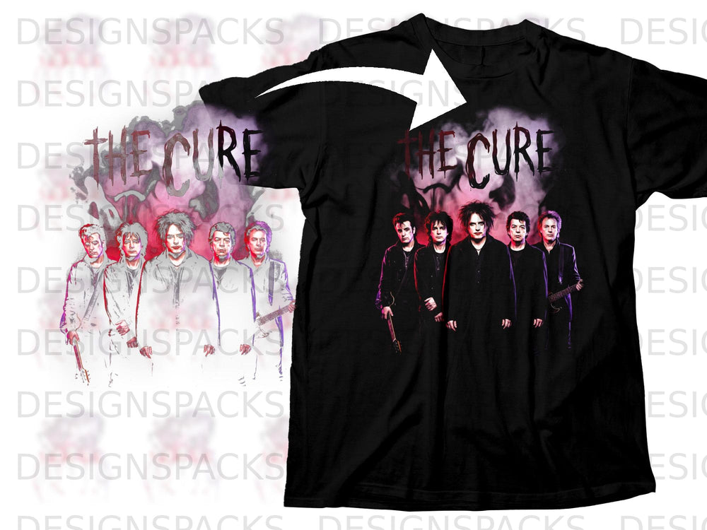 Black t-shirt with graphic of "The Cure" band members and text.