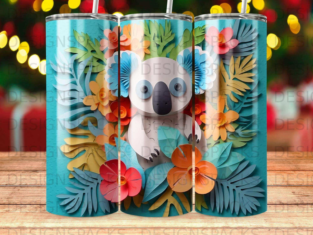 Koala with blue ears surrounded by colorful tropical leaves and flowers.
