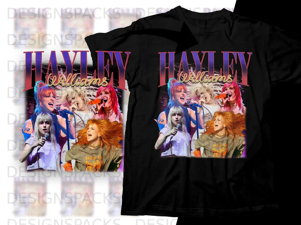 Paramore's Hayley Williams singing on stage with bandmates on a black t-shirt.