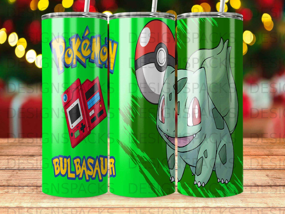 Pokemon Bulbasaur design on a green tumbler.