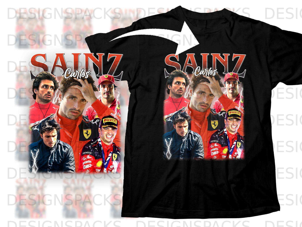 Carlos Sainz racing t-shirt with portrait graphics and sponsor logos.
