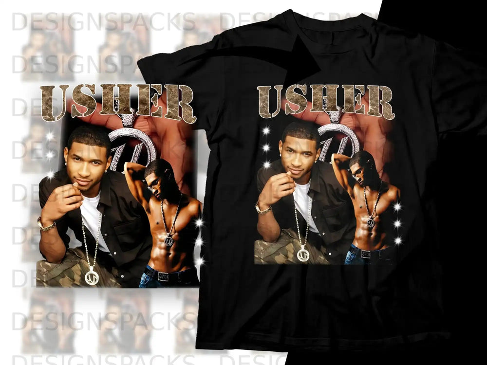 Black t-shirt featuring Usher portrait and the name "USHER" in large text.