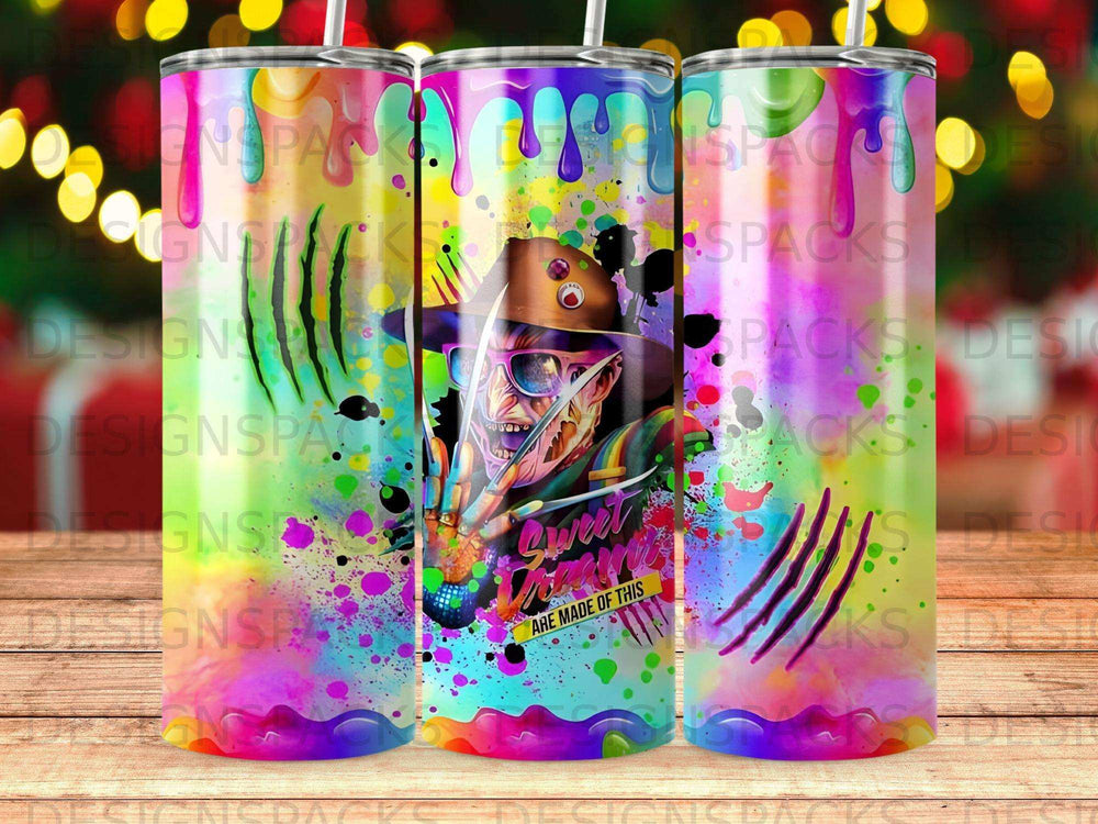 Freddy Krueger on colorful, splatter-paint tumbler with "Sweet Dreams" text.