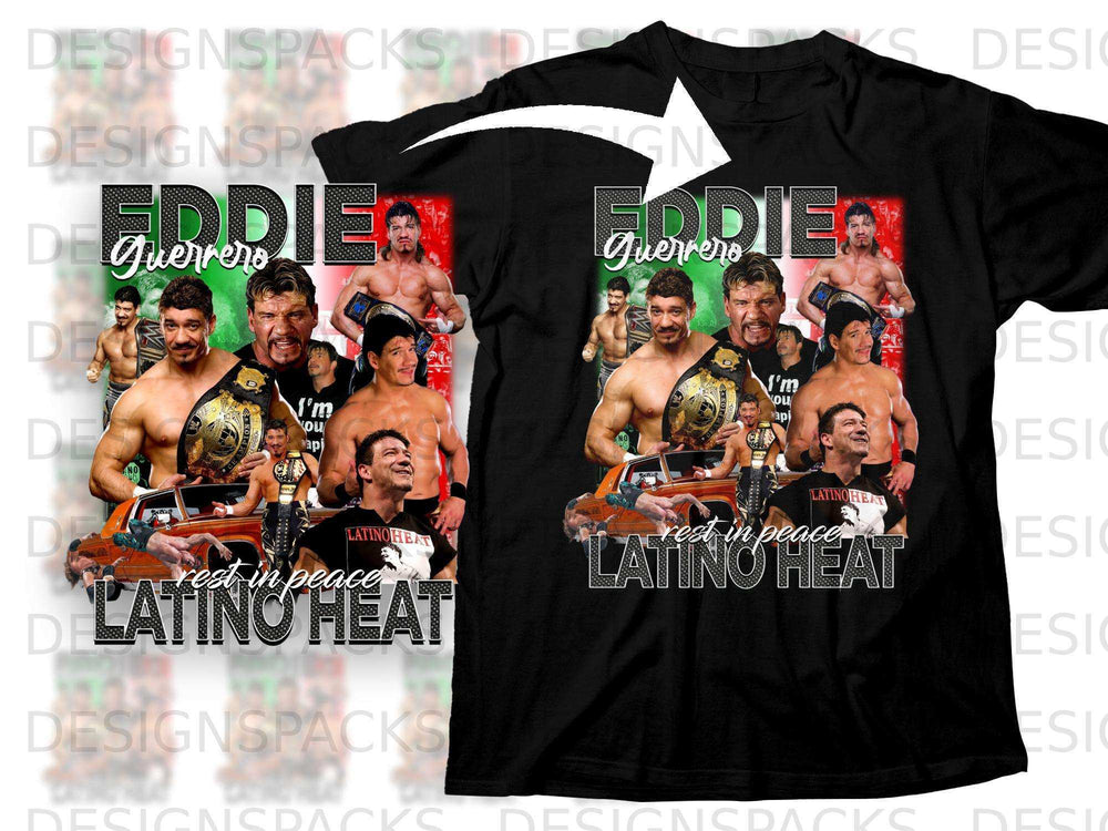 Eddie Guerrero "Latino Heat" t-shirt design with wrestler images and text.