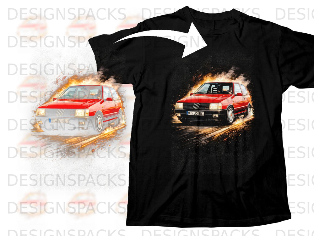 Black t-shirt with graphic of red car on fire and leaving sparks.