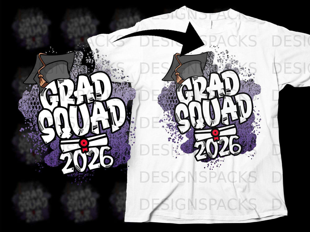 White t-shirt design with "Grad Squad 2026" text and graduation cap graphic.