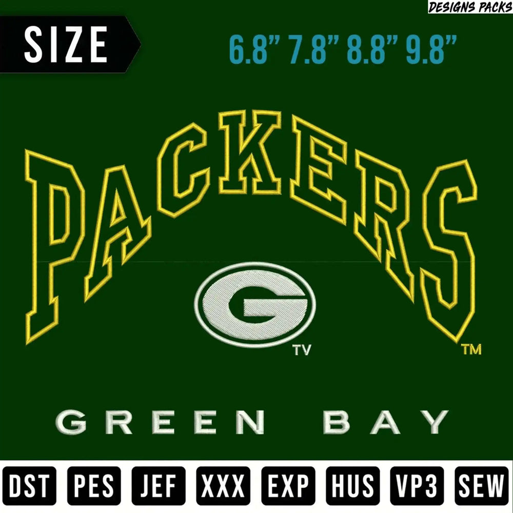 Green Bay Packers logo with file format options for embroidery designs.