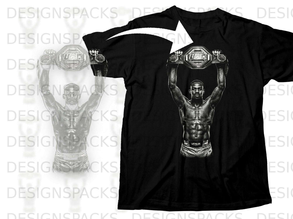 Black t-shirt with a UFC fighter holding up two championship belts.
