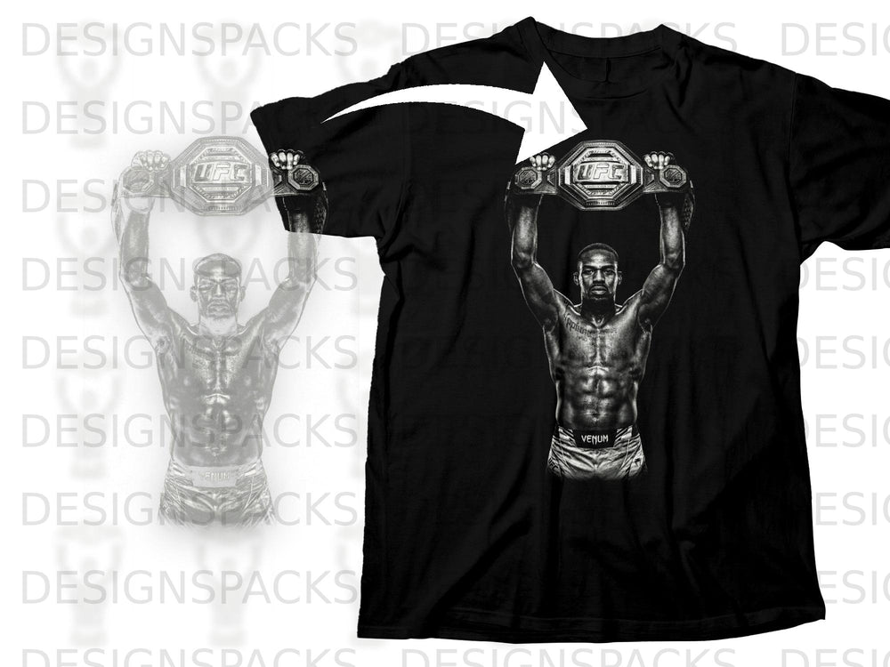 Black t-shirt with a UFC fighter holding up two championship belts.