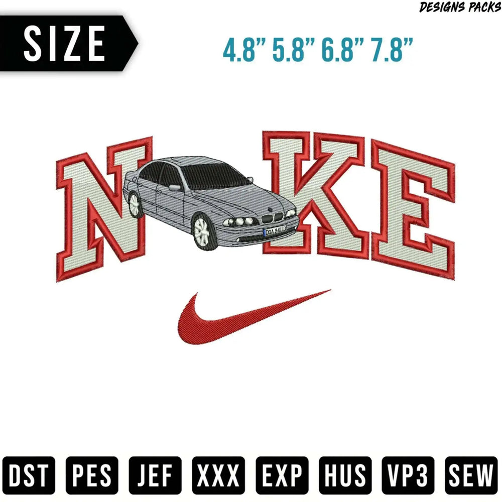 Nike logo with a car and embroidery file formats.