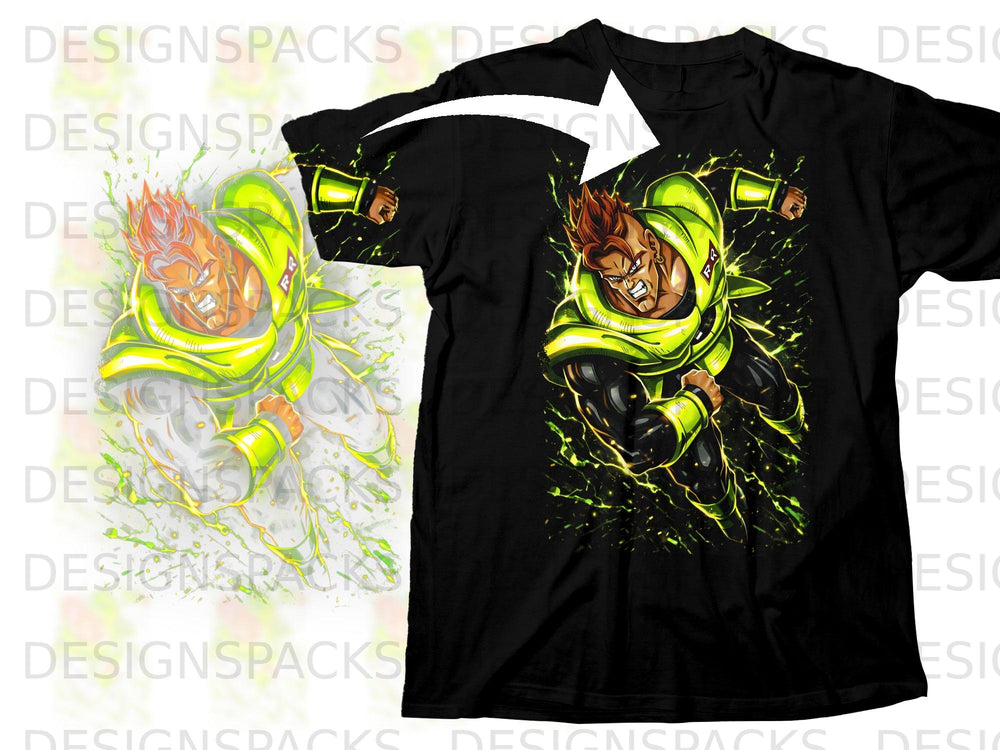 Black t-shirt with a graphic of the anime character Android 16 in a dynamic pose.