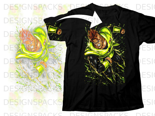 Black t-shirt with a graphic of the anime character Android 16 in a dynamic pose.
