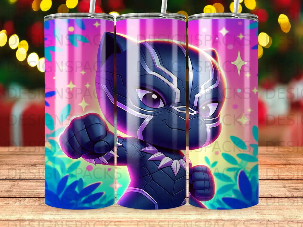 Black Panther character wearing a suit, purple and pink background.
