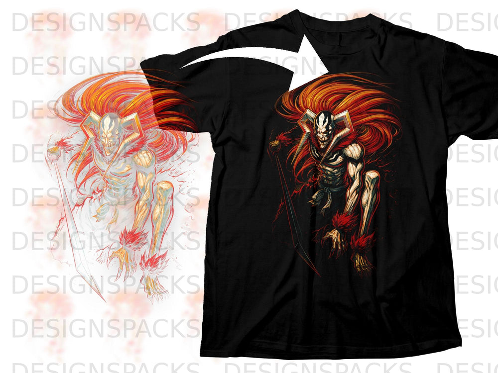 Black t-shirt with a skeletal demon character design and a sword.