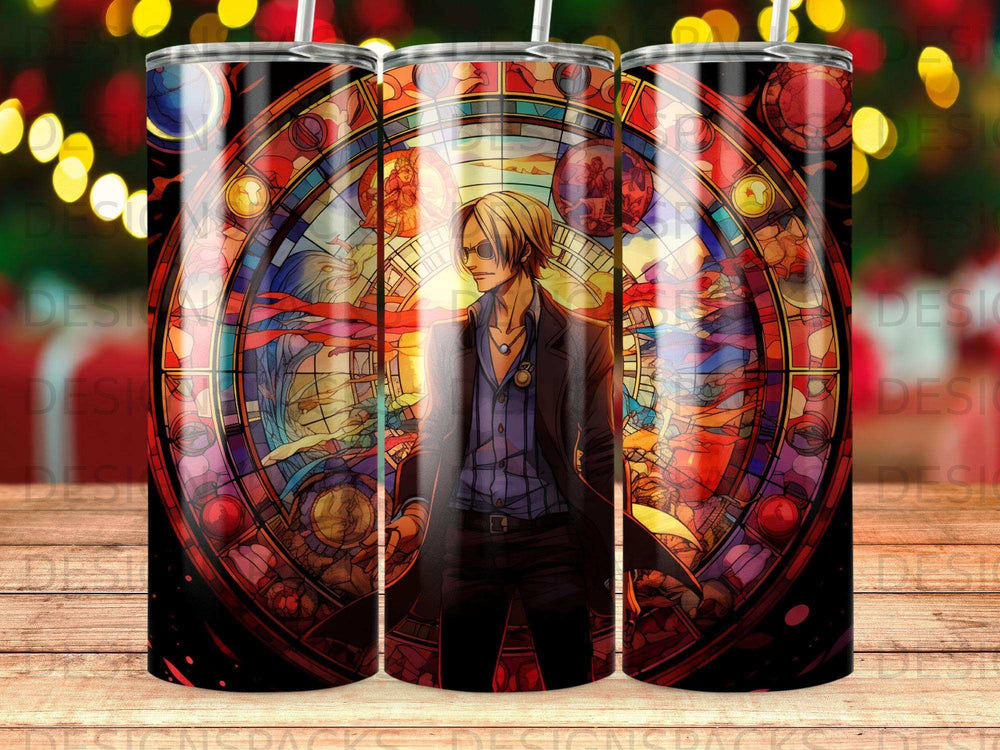 Anime character in stained glass window, dark suit, standing pose.