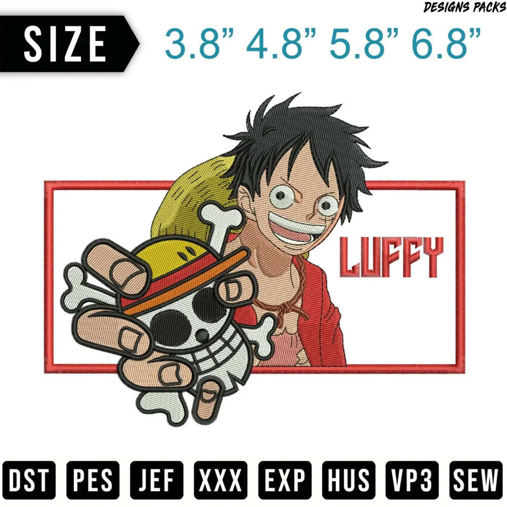 Monkey D. Luffy character embroidery design with size options and file formats.