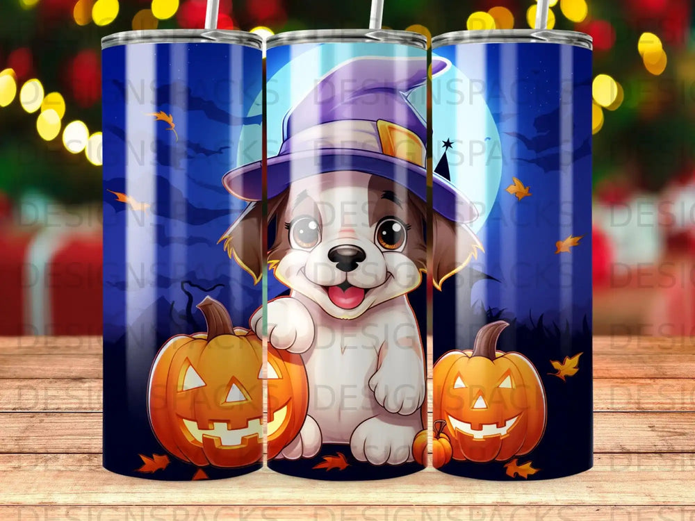 Dog in witch hat with pumpkins and Halloween moon.