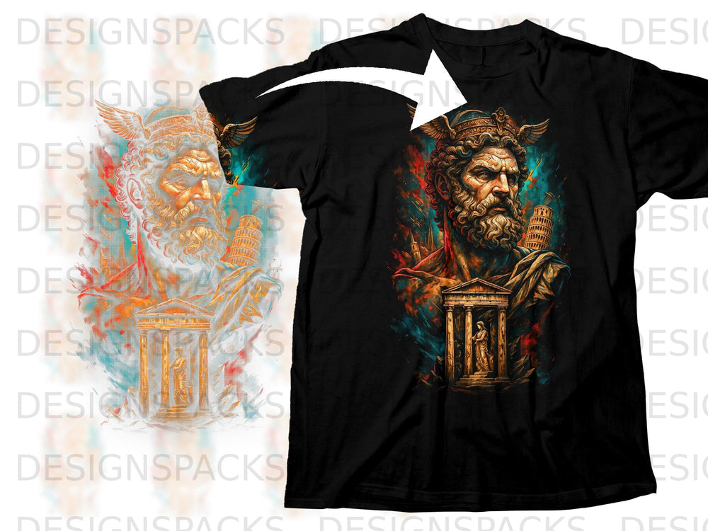 Black t-shirt with a vibrant print of a winged, crowned man and classical architecture.