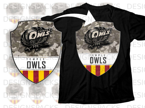 Black t-shirt featuring a shield logo with a camouflage background, an owl graphic, and 