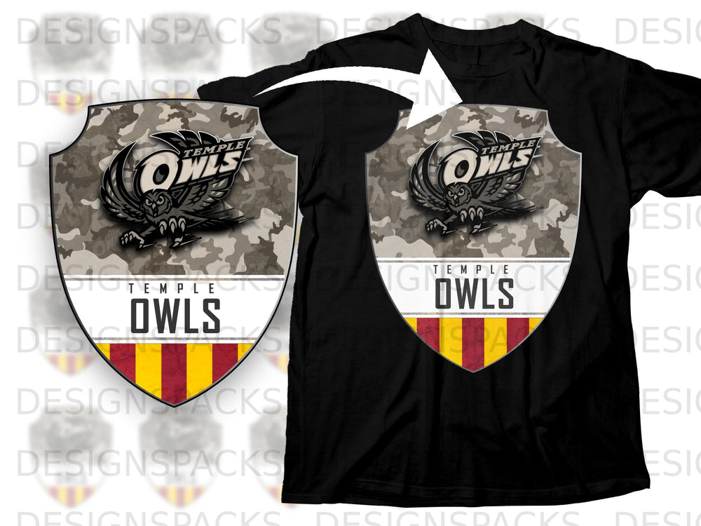 Black t-shirt featuring a shield logo with a camouflage background, an owl graphic, and "Temple Owls" text.