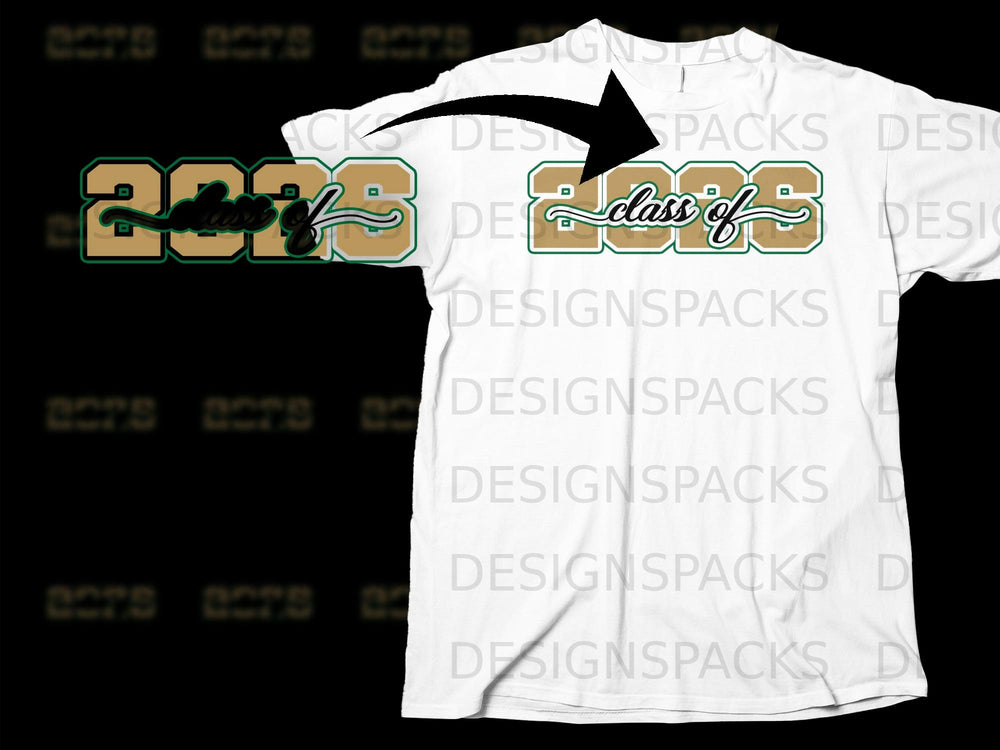 2023 Class of text graphic with green and gold outline on white t-shirt.