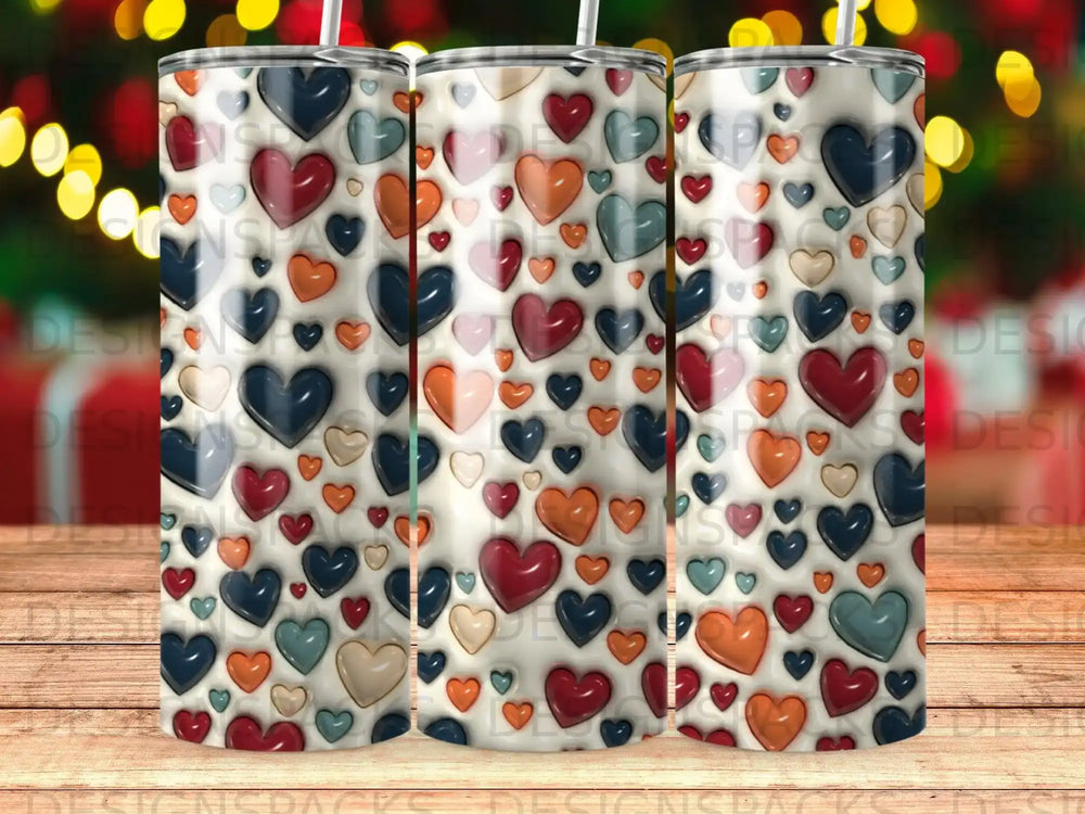 Pattern of colorful, reflective hearts on a textured white background.
