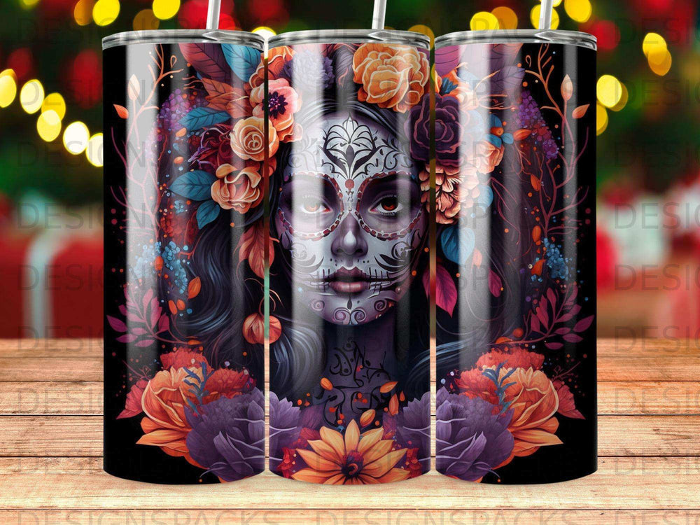 Day of the Dead skull woman with floral accents and vibrant colors.
