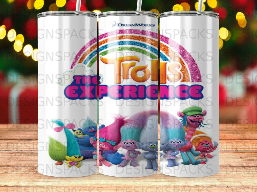 Trolls Experience logo on a white tumbler with rainbow and character illustrations.