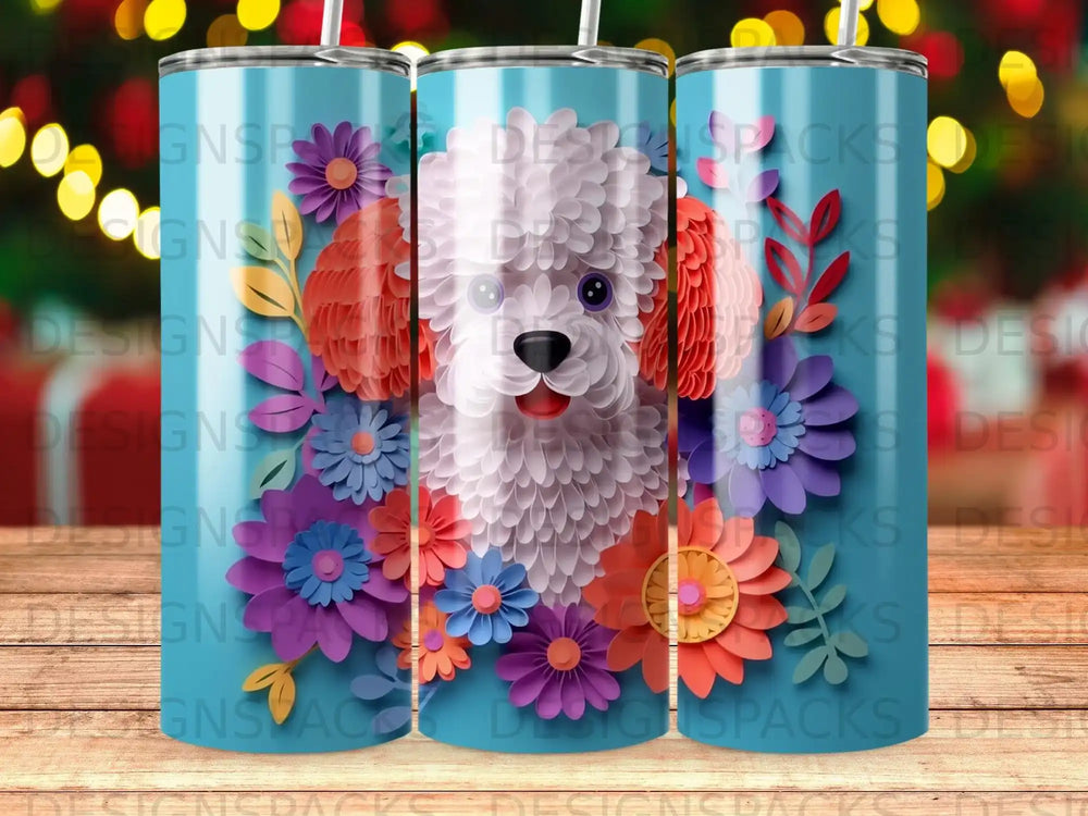 White poodle with colorful flowers on a blue background, tumbler.