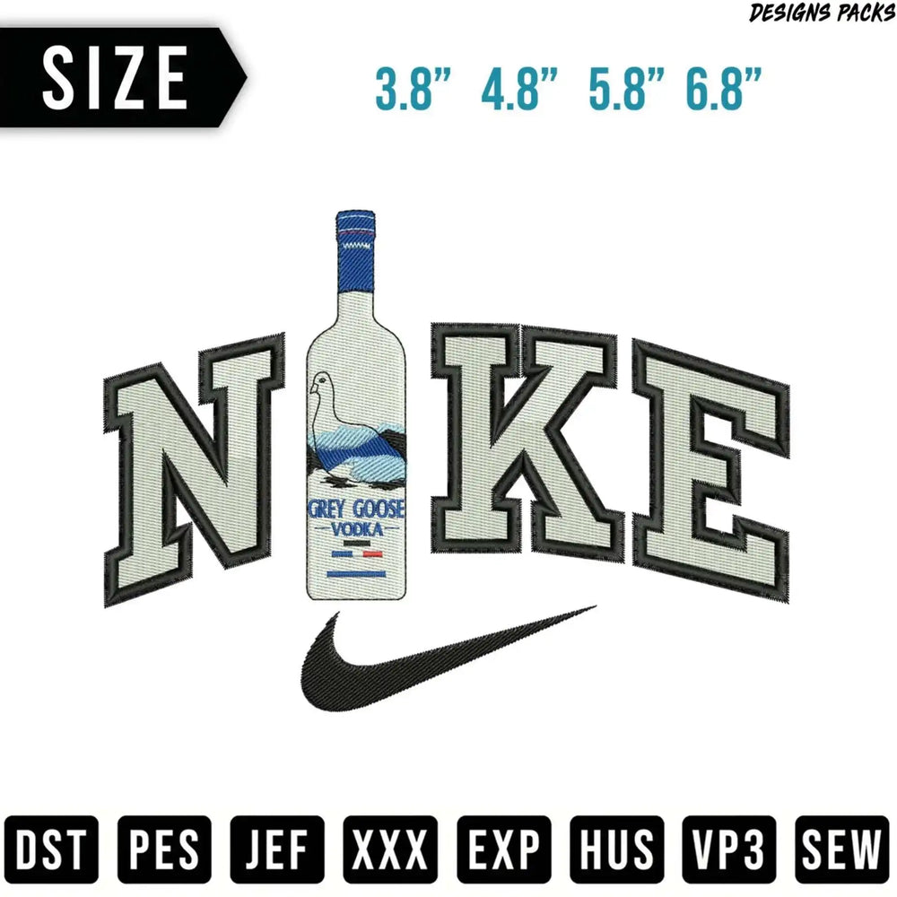Nike logo with Grey Goose Vodka bottle and embroidery file types.