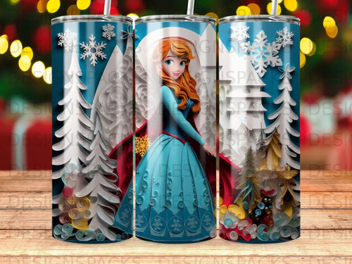 Princess Anna from Frozen in a blue dress surrounded by winter trees and snowflakes.