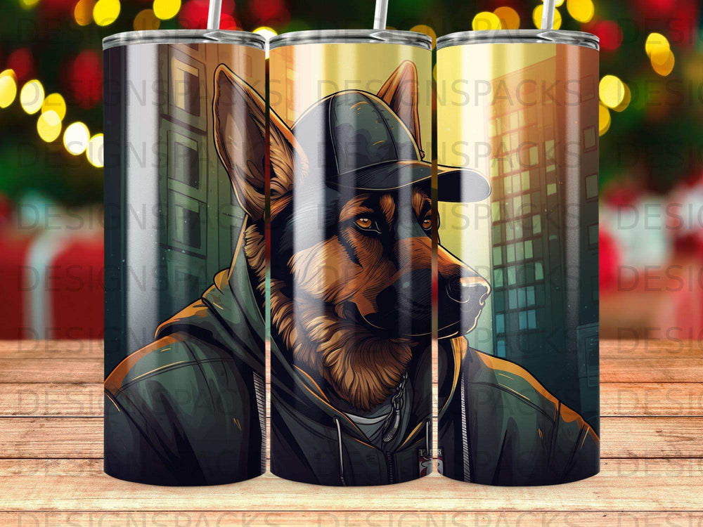 German Shepherd dog wearing a baseball cap and hoodie.