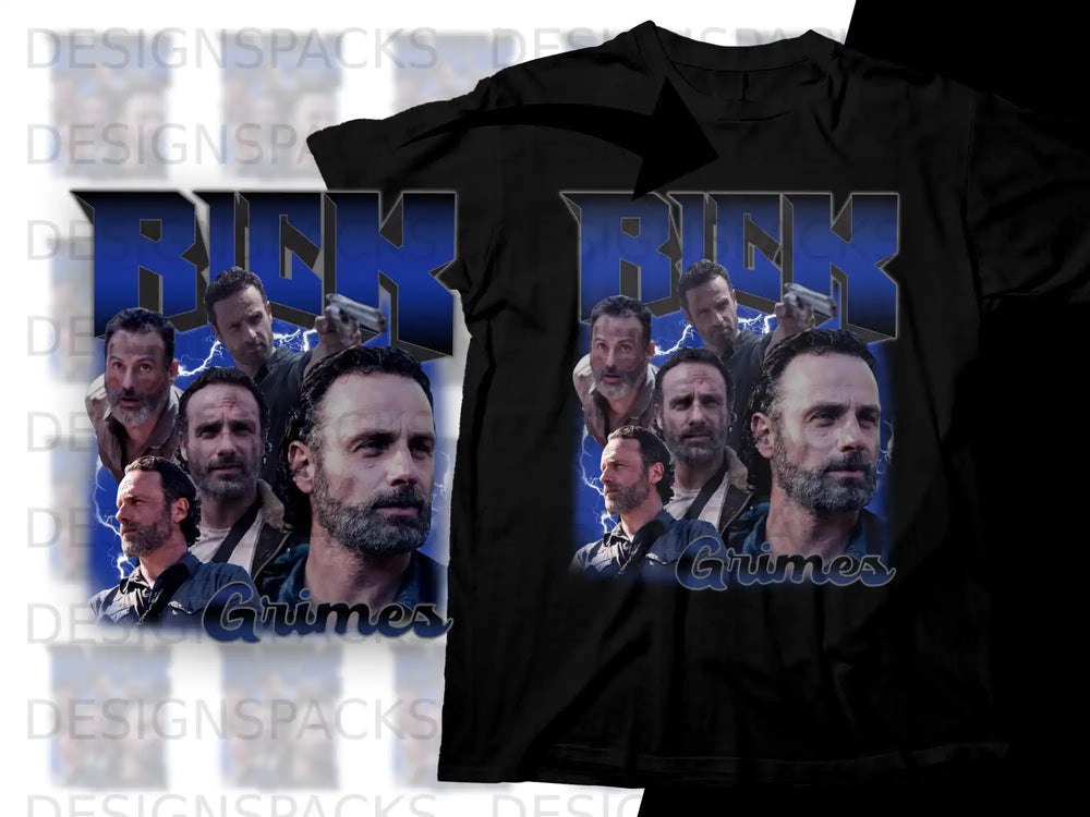 Black t-shirt with Rick Grimes montage and blue "Rick Grimes" text.
