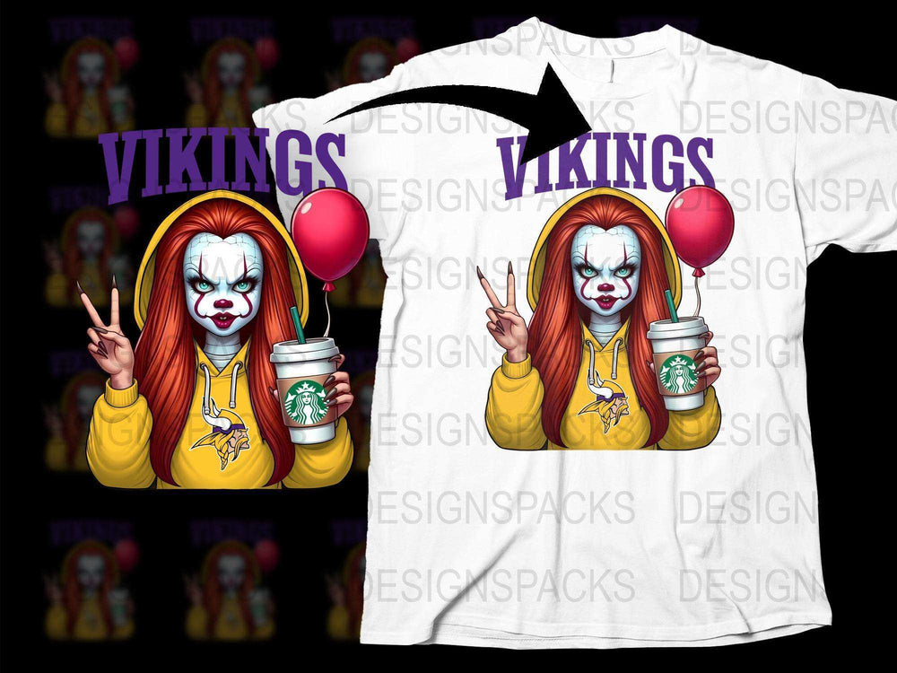 Clown Horror Graphic T-Shirt, Vikings Fan Horror Clown with Coffee, Unisex White Tee