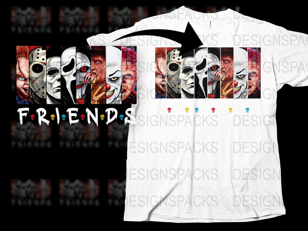 Horror Movie Icons Friends Parody T-Shirt, Funny Graphic Tee, Unisex Horror Film Characters Shirt