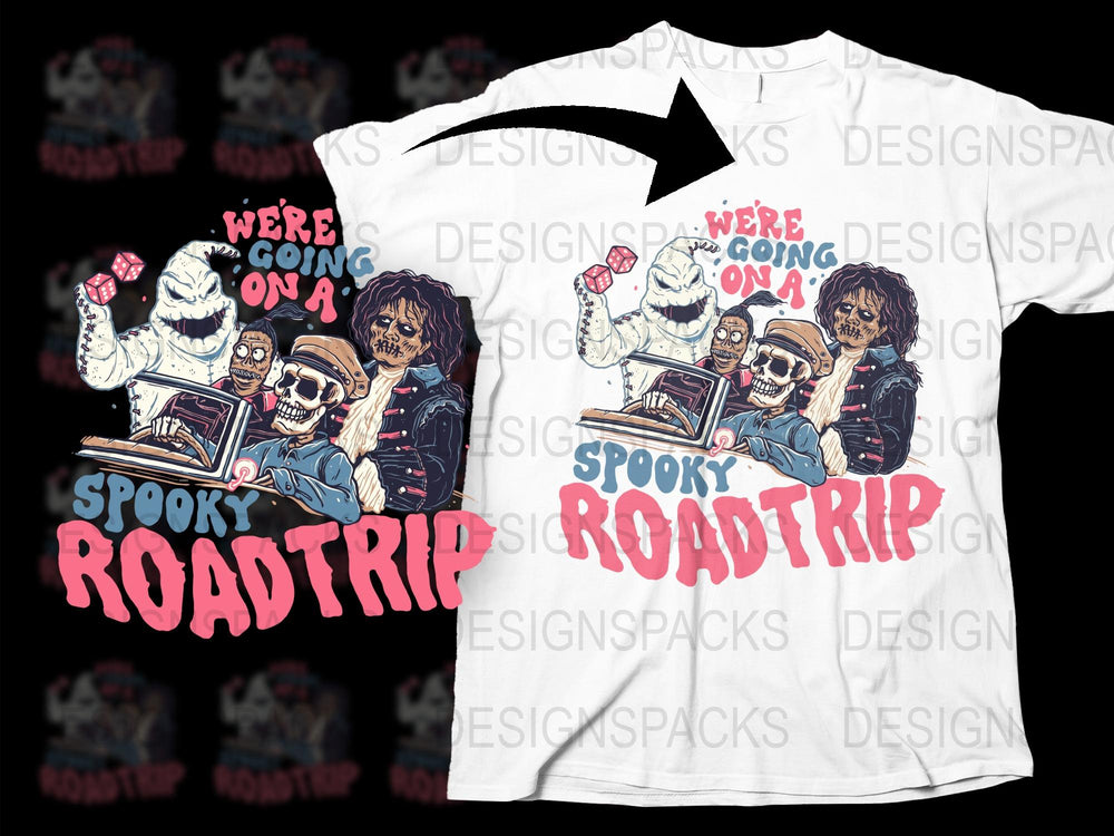 Spooky Roadtrip Graphic T-Shirt, Horror Movie Characters, White Crewneck, Cool Halloween Tee, Unique Designs, Unisex Fashion
