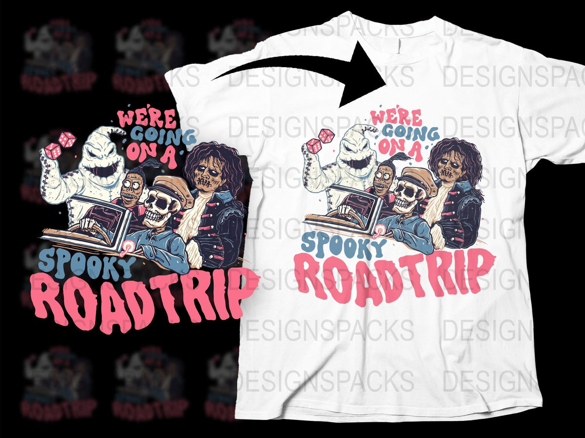 Spooky Roadtrip Graphic T-Shirt, Horror Movie Characters, White Crewneck, Cool Halloween Tee, Unique Designs, Unisex Fashion