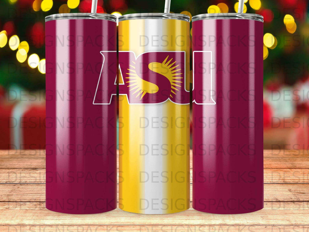 Three tumblers with a yellow and red ASU logo on the center tumbler.