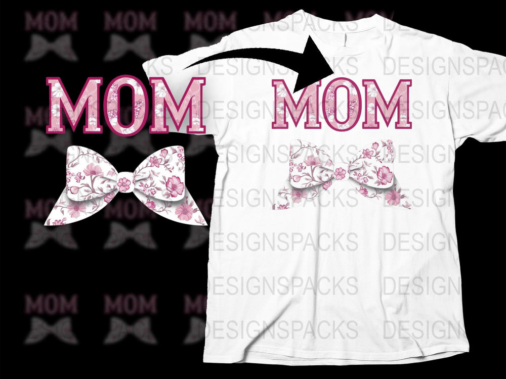 Floral 'MOM' Graphic T-Shirt White Mother's Day Gift, Casual Women's Apparel with Bow Pattern Design