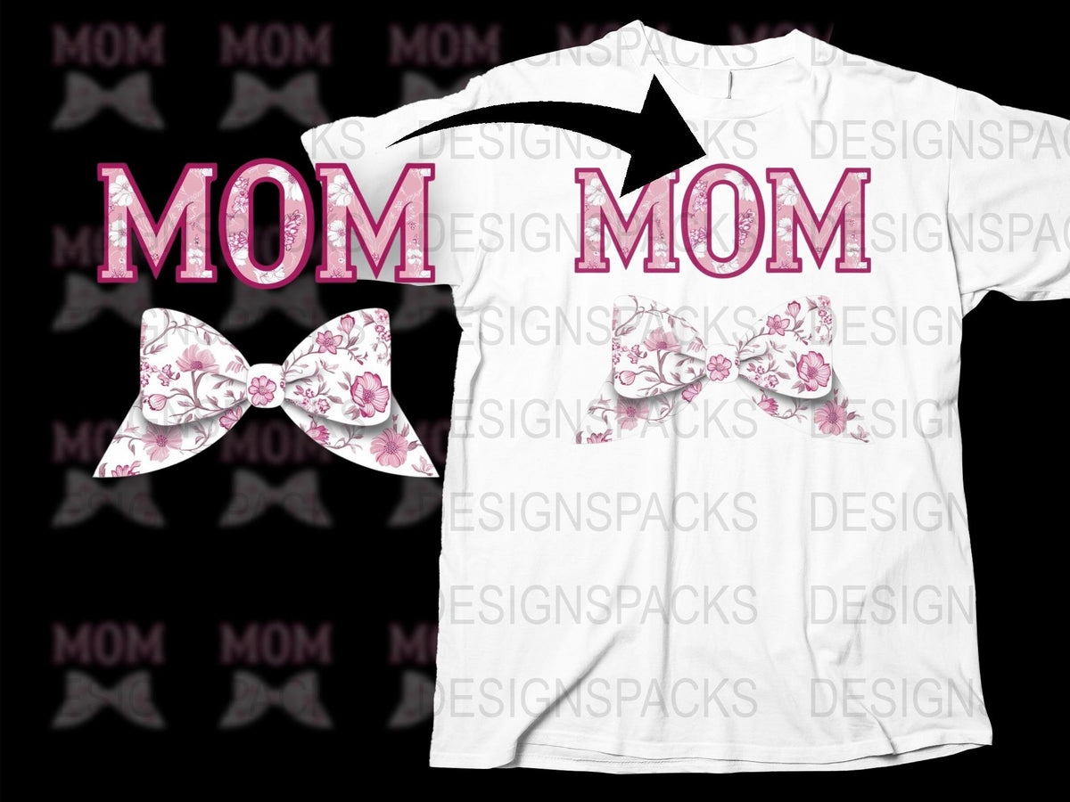Floral 'MOM' Graphic T-Shirt White Mother's Day Gift, Casual Women's Apparel with Bow Pattern Design