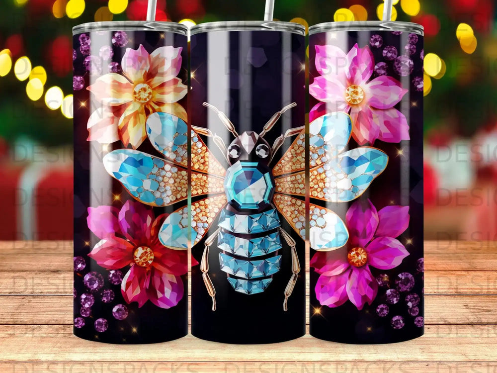 Glittering blue bee with jeweled wings and pink flowers on a dark background.